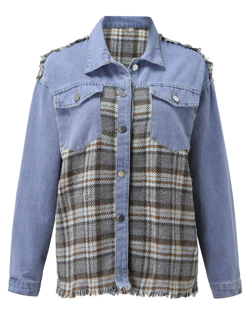 Load image into Gallery viewer, Fashion Women Denim Jackets Raw Edge Hem Plaid Splicing Casual Outerwear Single Breasted Lapel Contrast Color Shacket Pocket
