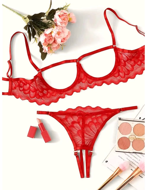 Load image into Gallery viewer, 2023 Women&#39;S Lingerie Set Sexy Lace Mesh Hollow Out Open Bras Crotchless Panties Two-Piece Suit Red Underwear Set Babydolls
