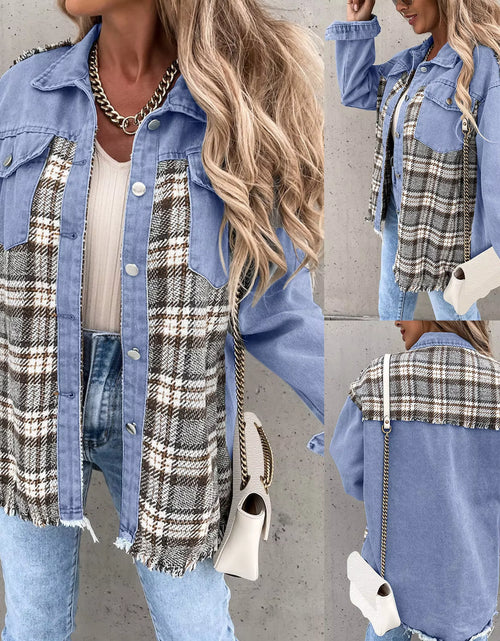 Load image into Gallery viewer, Fashion Women Denim Jackets Raw Edge Hem Plaid Splicing Casual Outerwear Single Breasted Lapel Contrast Color Shacket Pocket
