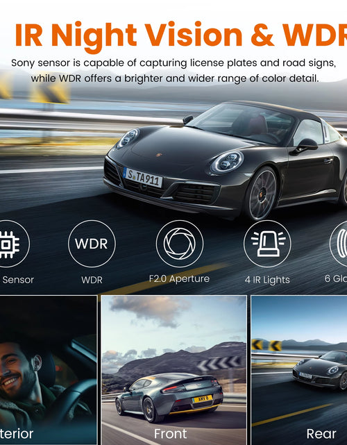 Load image into Gallery viewer, 3 Channel Dash Cam, 1080P Front and Rear Inside, Dashcam Three Way Triple Car Camera with IR Night Vision, Loop Recording, G-Sensor, WDR, 24H Parking Monitor, Support 128GB Max
