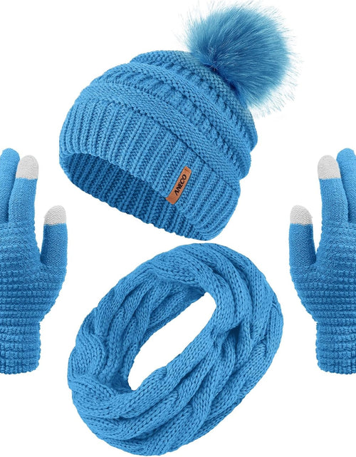 Load image into Gallery viewer, Womens Winter Warm Sets Knitted Fur Pompoms Beanie Hat Circle Loop Scarf Touch Screen Gloves Winter Favor Accessories
