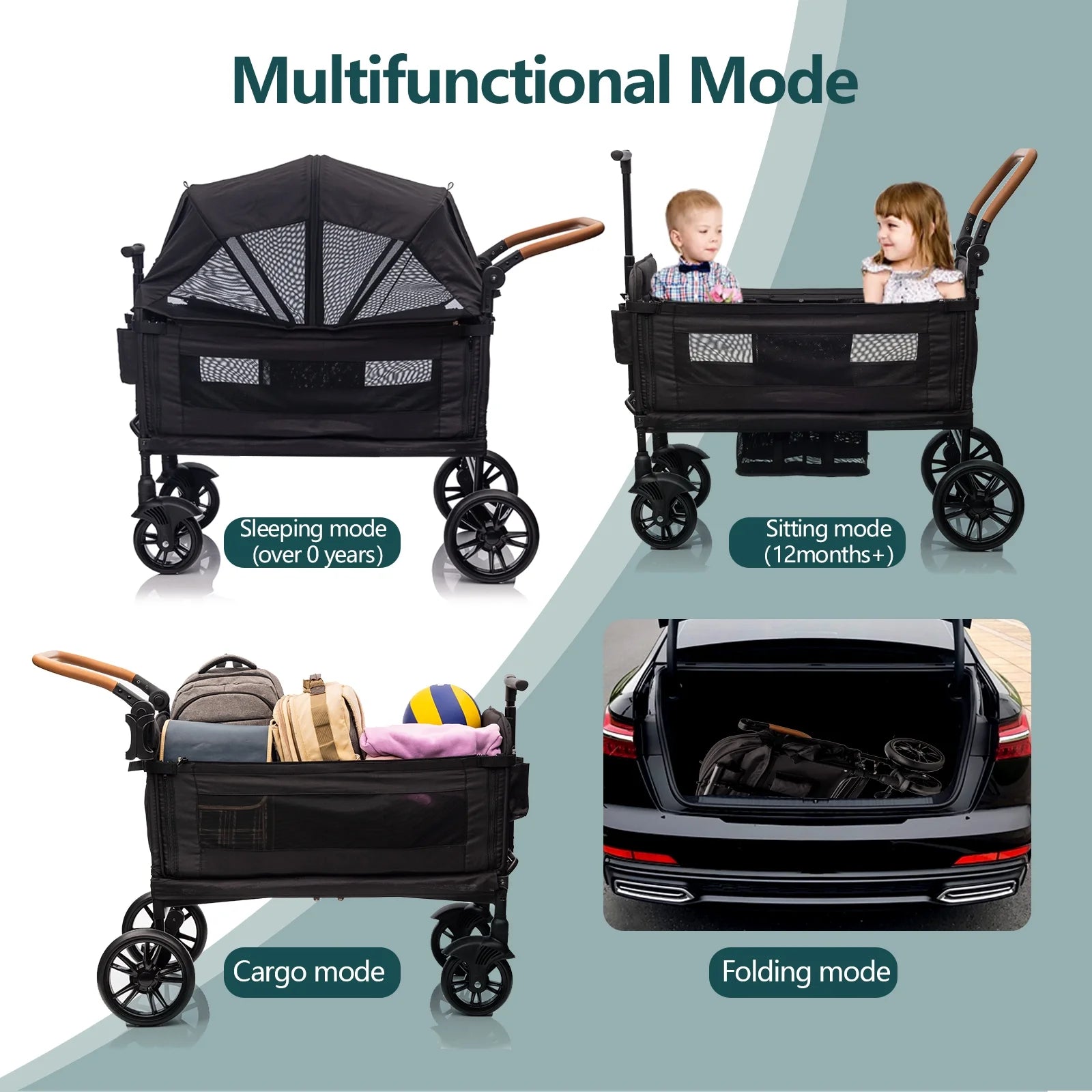 Wagon Stroller for 2 Kids & Cargo,Lightweight Double Stroller Push-Pull Stroller Folding Stroller for Newborn&Toddler with 5-Point Harness,Adjustable Handle Bar and Canopy,Tray Table,Cup Holde