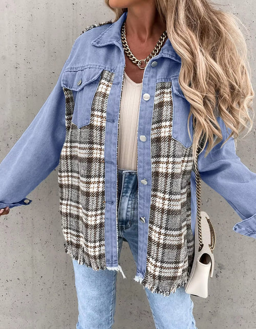 Load image into Gallery viewer, Fashion Women Denim Jackets Raw Edge Hem Plaid Splicing Casual Outerwear Single Breasted Lapel Contrast Color Shacket Pocket
